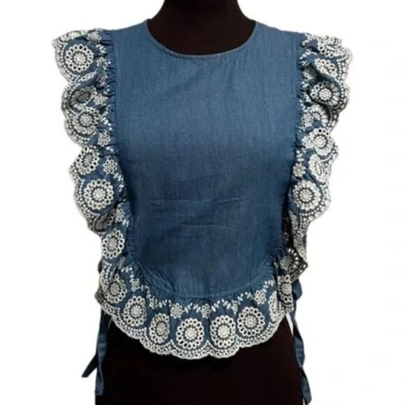 NIGHTCAP Clothing - Blue Ruffled Tie Blouse with White Embroidery NWT Size Small - Picture 1 of 7